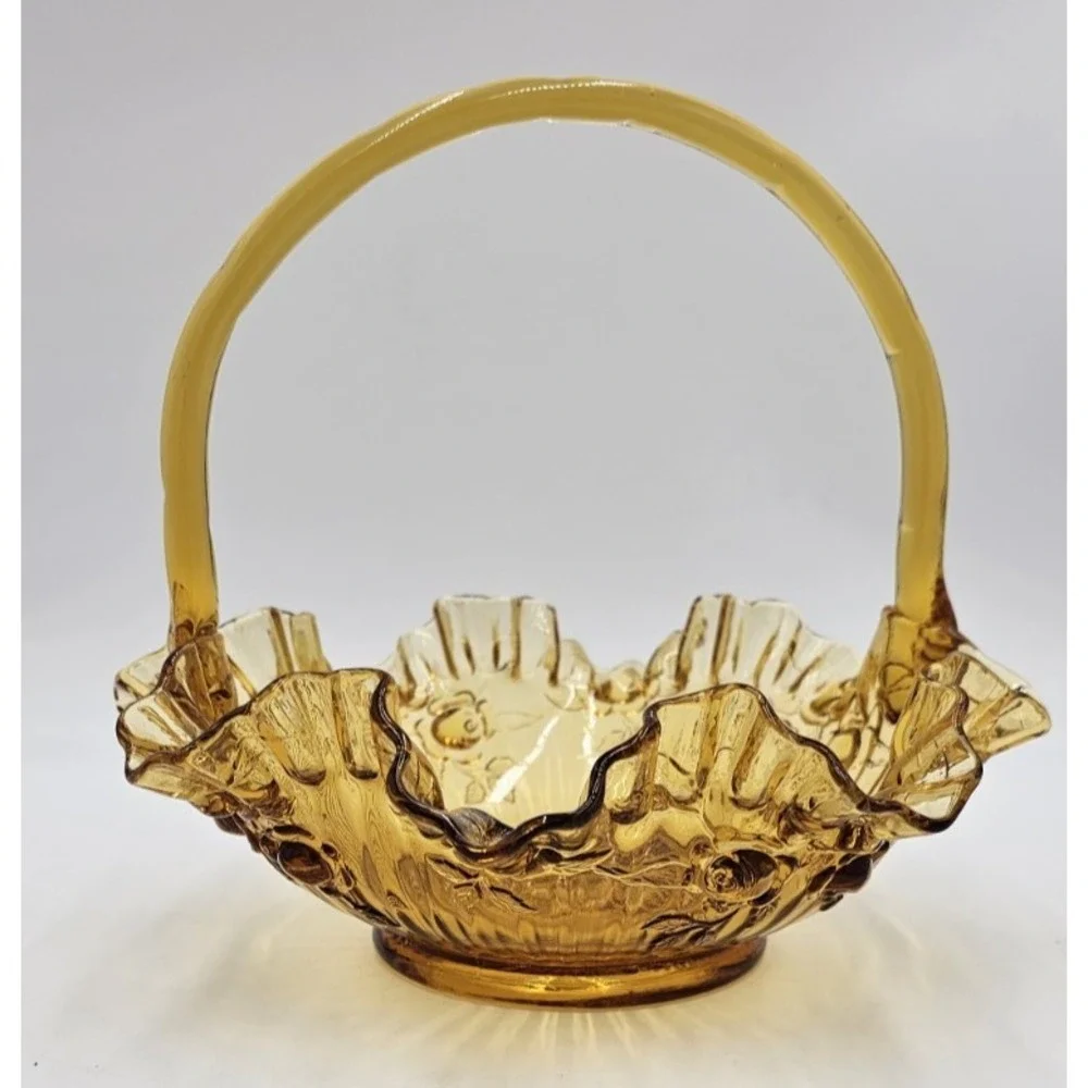 Vintage Amber Pressed Glass Basket Ruffled Edges Roses Applied Handle